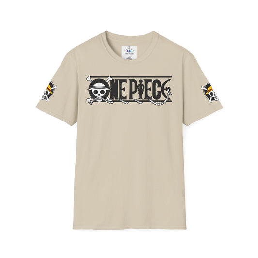 One Piece Crew Graphic T-Shirt — Anime Pirate Tee with Straw Hat Logo in beige, featuring monochrome logo and sleeve emblems.
