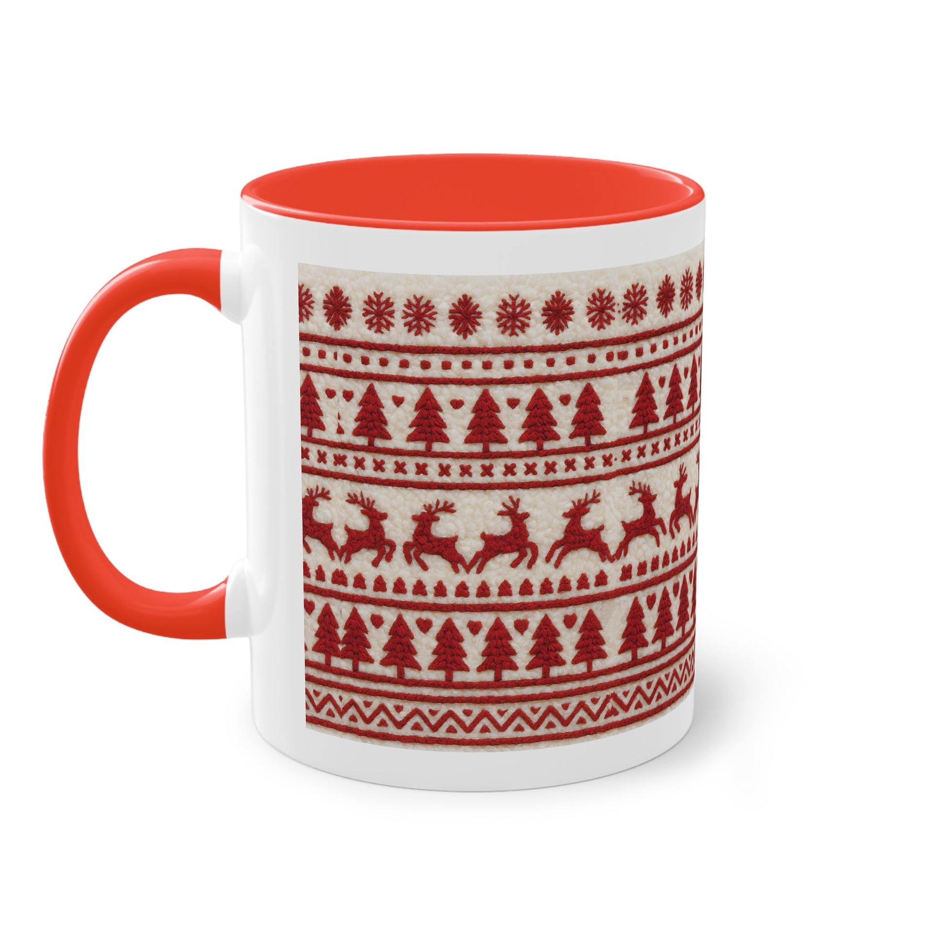 Christmas Reindeer Knit Pattern Coffee Mug — Two-Tone 11oz Holiday Mug Printify