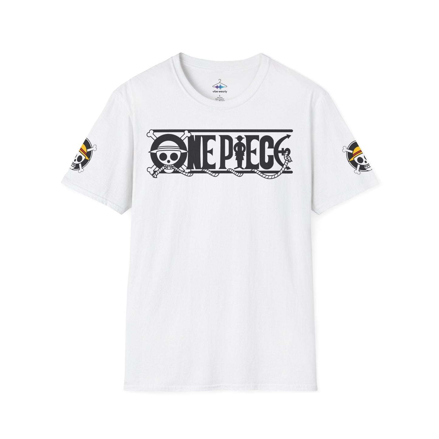 One Piece Crew Graphic T-Shirt — Anime Pirate Tee with Straw Hat Logo in organic cotton, featuring a monochrome logo on a white tee.