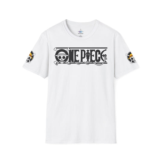 One Piece Crew Graphic T-Shirt — Anime Pirate Tee with Straw Hat Logo in organic cotton, featuring a monochrome logo on a white tee.