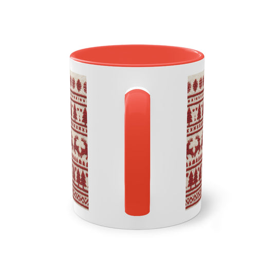 Christmas Reindeer Knit Pattern Coffee Mug — Two-Tone 11oz Holiday Mug Printify