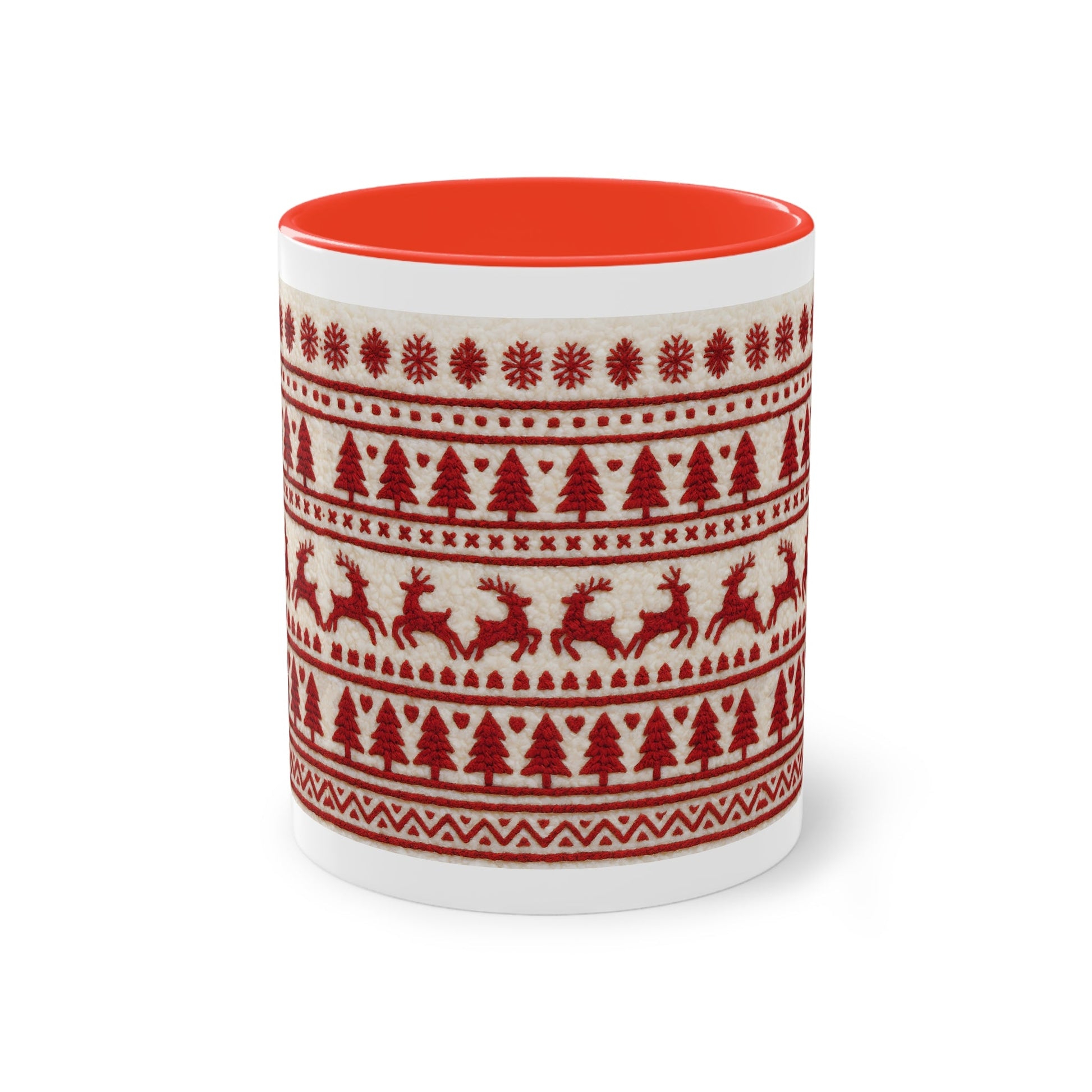 Christmas Reindeer Knit Pattern Coffee Mug — Two-Tone 11oz Holiday Mug Printify