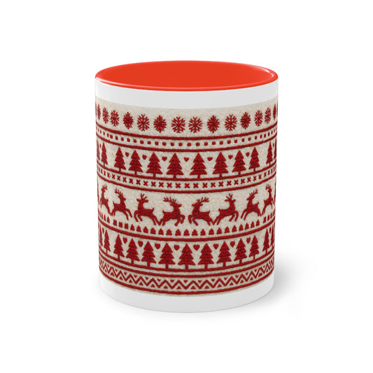 Christmas Reindeer Knit Pattern Coffee Mug — Two-Tone 11oz Holiday Mug Printify