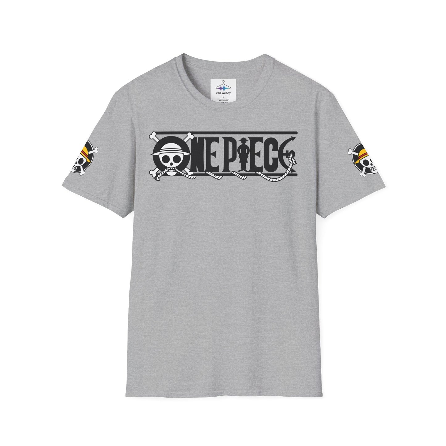 One Piece Crew Graphic T-Shirt — Anime Pirate Tee with Straw Hat Logo, featuring a bold grey design and emblems on sleeves.