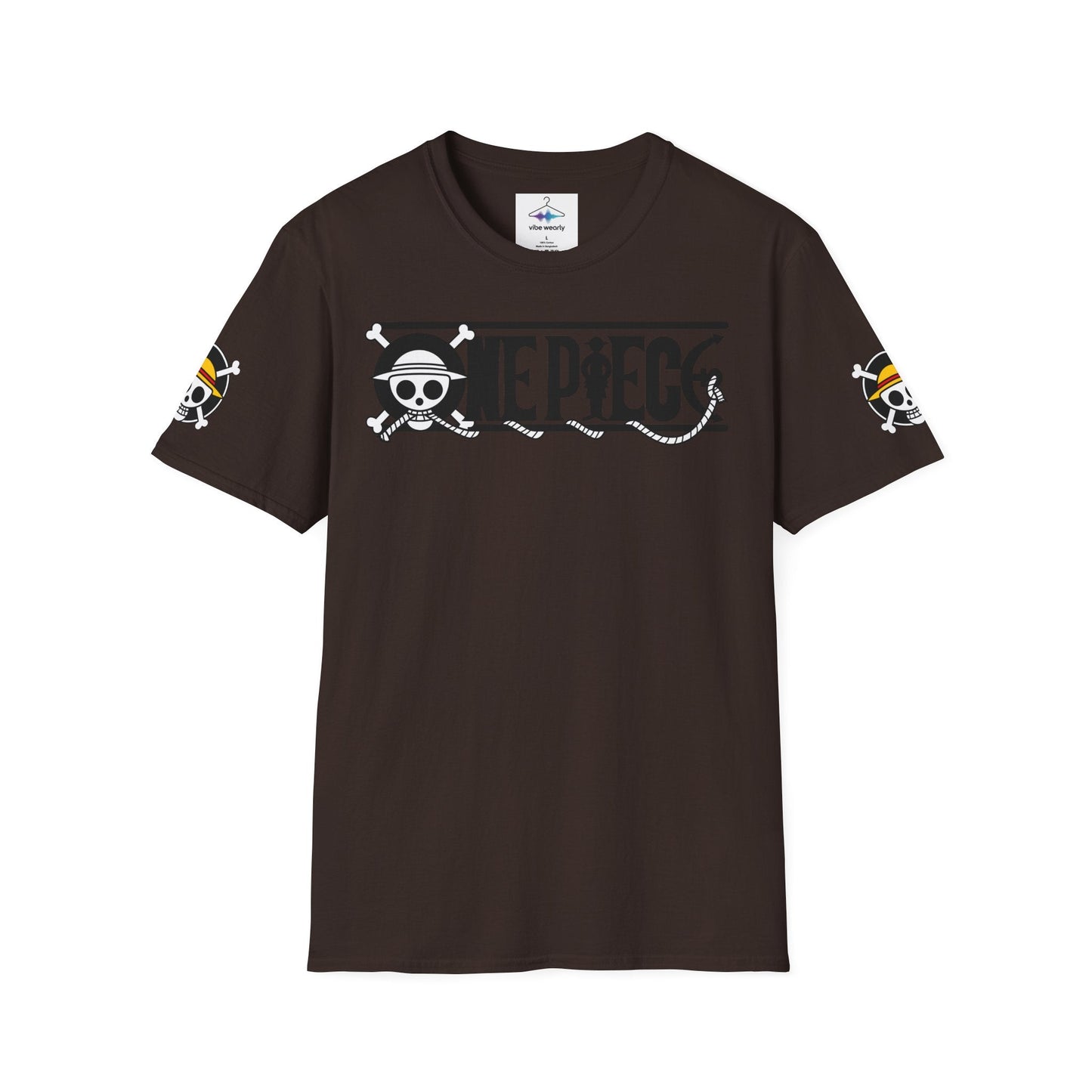 One Piece Crew Graphic T-Shirt — Anime Pirate Tee with Straw Hat Logo on a black background with skull design.